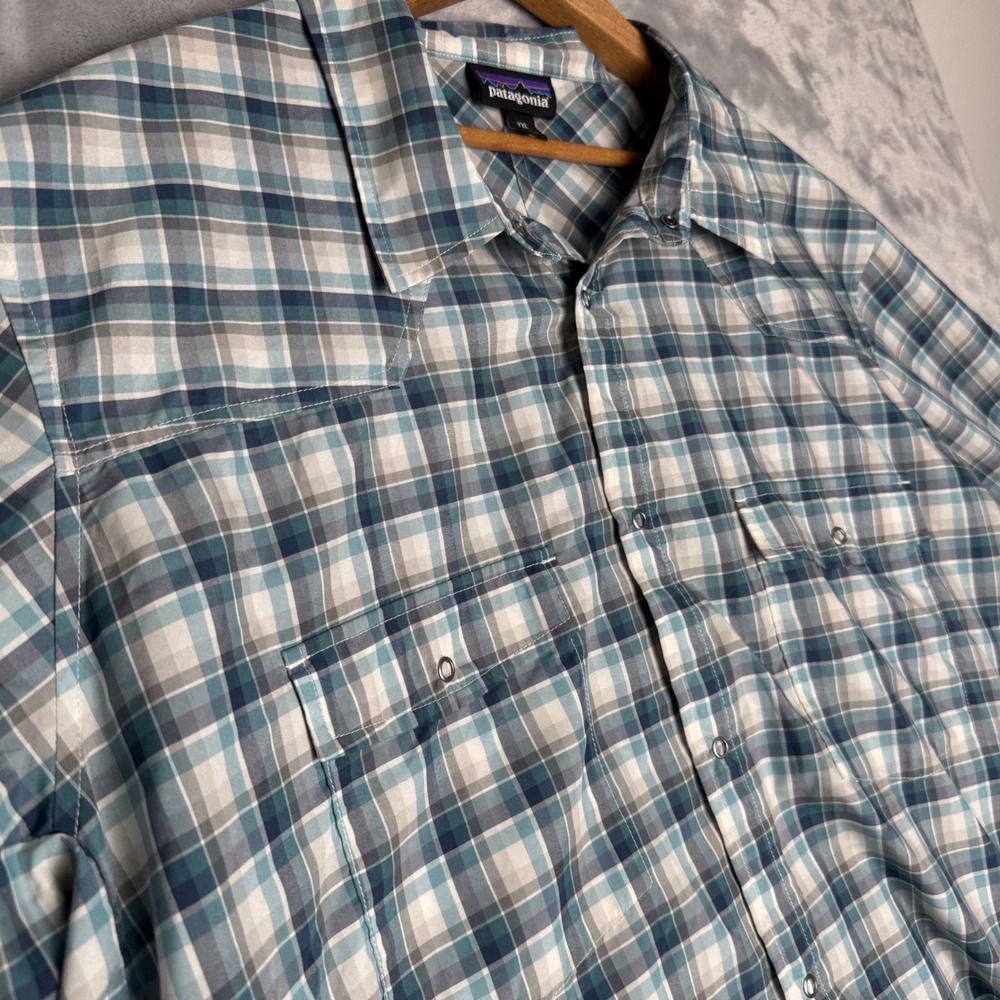 Patagonia Mens XXL Plaid Short Sleeve Western Snap Button Down Shirt Blue Teal